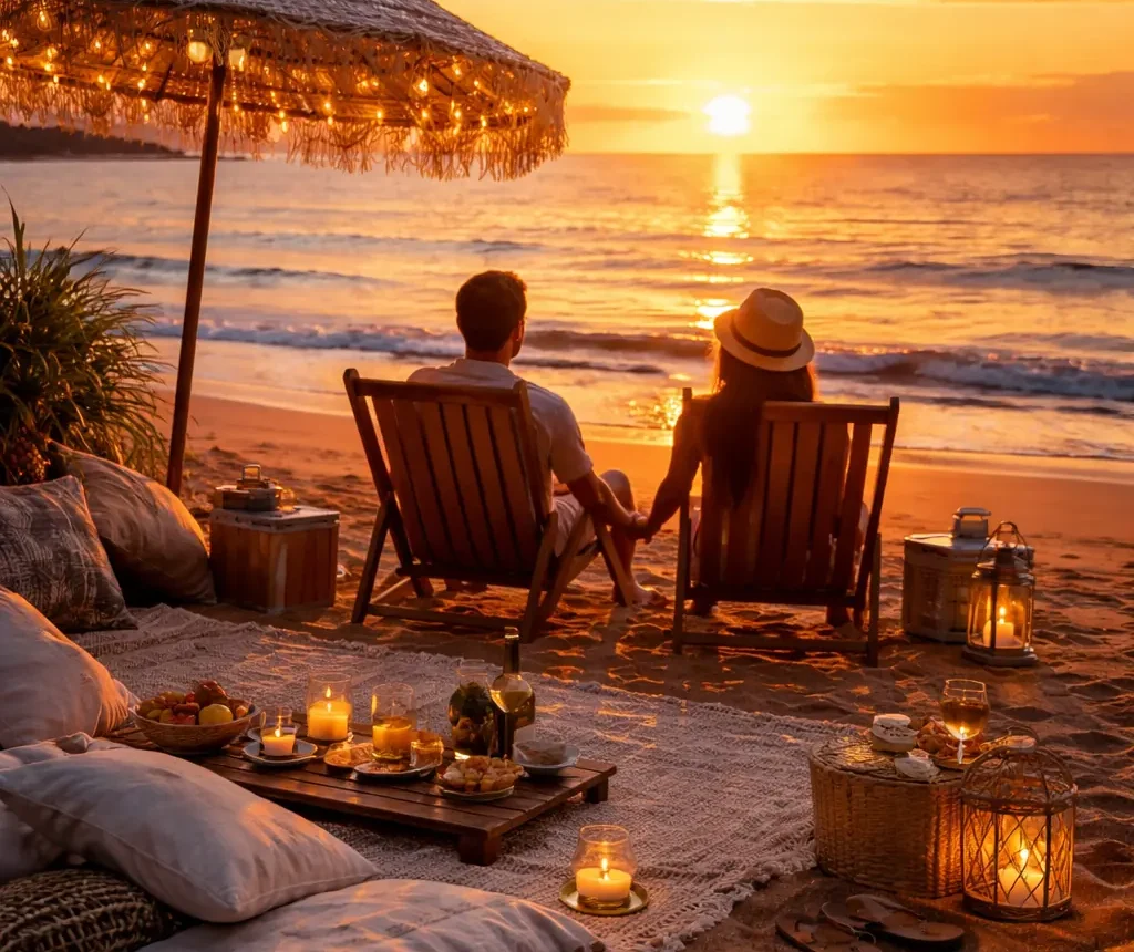 Sunset beach chill experience in Kampung Genting, Tioman Island with travelers relaxing by the sea and enjoying a peaceful island evening